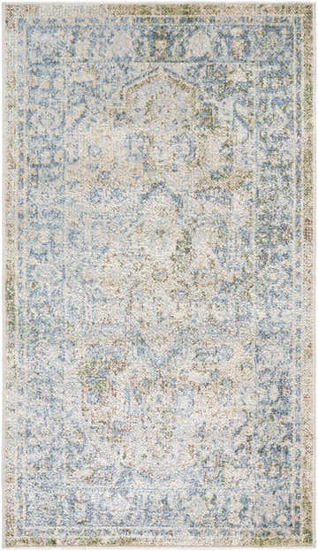 Close-up of Ember Washable Area Rug. Farmhouse style rug in blue, green, and sage with a traditional, distressed pattern. Design-Rectangle-2339