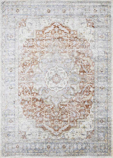 Detailed close-up of the Emke Flat Pile Washable Rug, showcasing its traditional bone, beige, and gray medallion pattern. Design-Rectangle