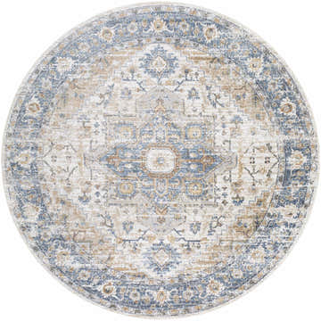 Close-up of the round Ezri Cream Washable Area Rug, featuring a vintage oriental design in blue, tan, and off-white hues. Design-Round-67