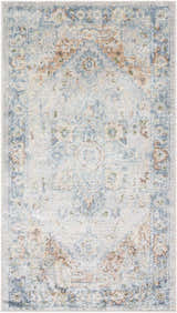 Close-up of the Ezri Washable Area Rug. Farmhouse style rug in beige, light blue, and orange with a traditional pattern. Design-Rectangle-2339