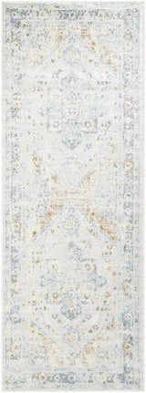 Close-up of Ezri Washable Area Rug. Beige, light blue, and orange farmhouse style rug with traditional pattern. Design-Runner-2773