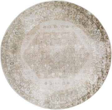 Close-up of a round Gael Boutique Washable Rug. Features light blue, olive, and tan vintage-style pattern. Design-Round-67