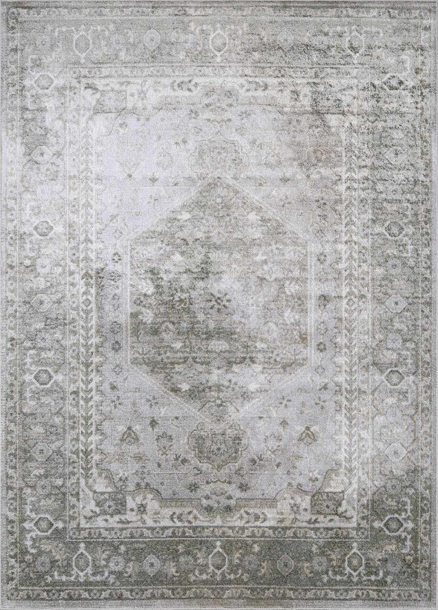 Close-up of Gael Boutique Washable Rug; light blue, olive, and tan vintage pattern with traditional border detail. Design-Rectangle