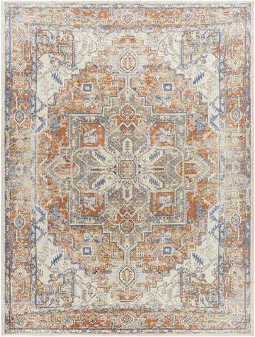 Close-up of the Rust Hera Washable Area Rug. Features a vintage, farmhouse-style pattern in rust, blue, and off-white tones. Design-Rectangle-710102