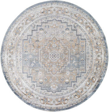 Round Nana Washable Area Rug with a traditional medallion pattern in charcoal, gray, brown, and natural tones. Design-Round-67