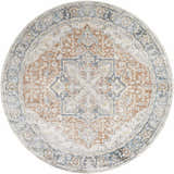 Close-up of the round Neta Red & Blue rug. Features a vintage oriental pattern in driftwood, nutmeg, and blue tones. Design-Round-67