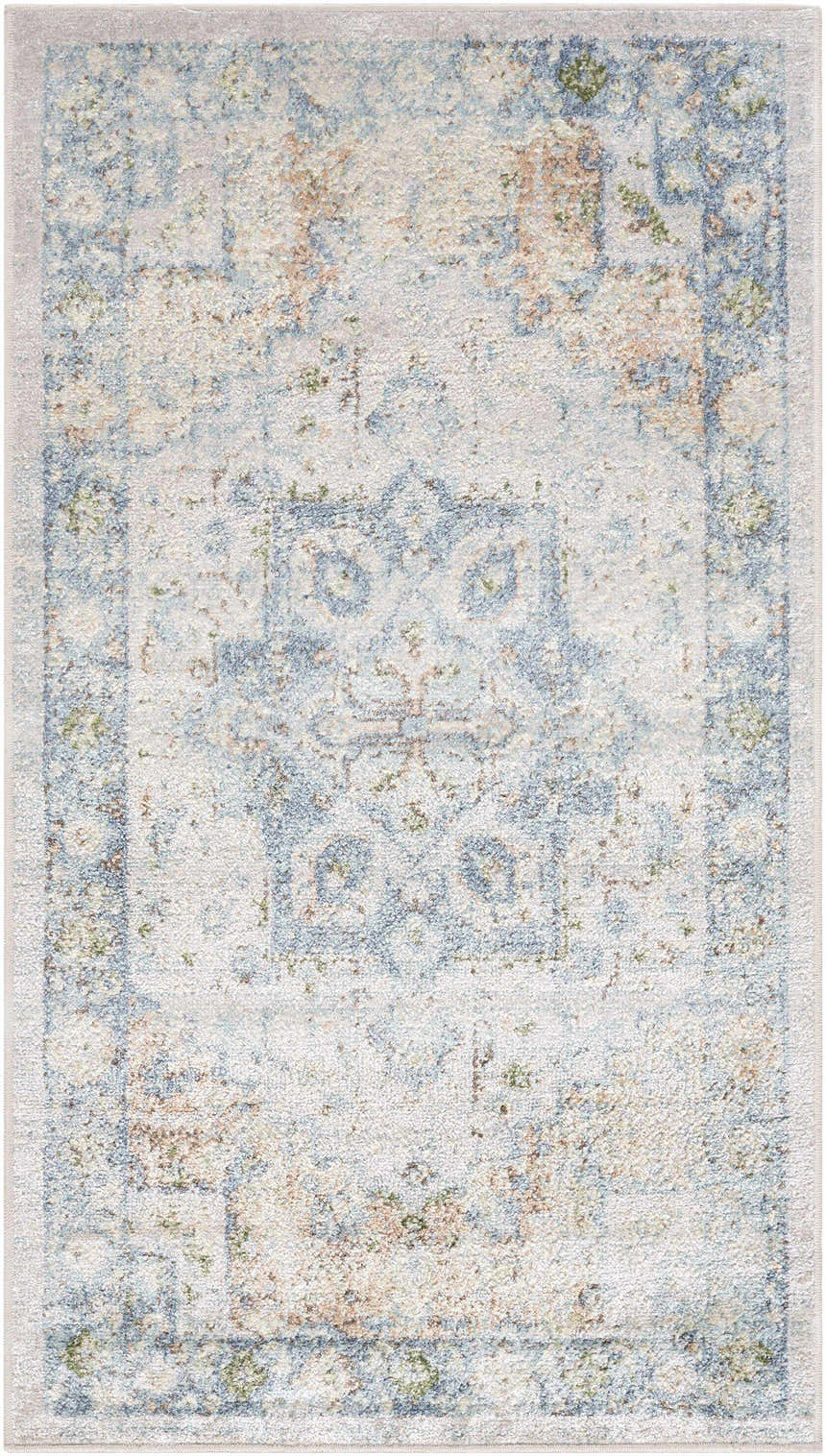 Detailed view of the Neta Orange & Light Blue Washable Area Rug, featuring a traditional, faded design. Design-Rectangle-2339