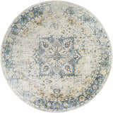 Close-up of a round Neta Orange & Light Blue Washable Area Rug. Beige, orange, and blue traditional design. Design-Round-67