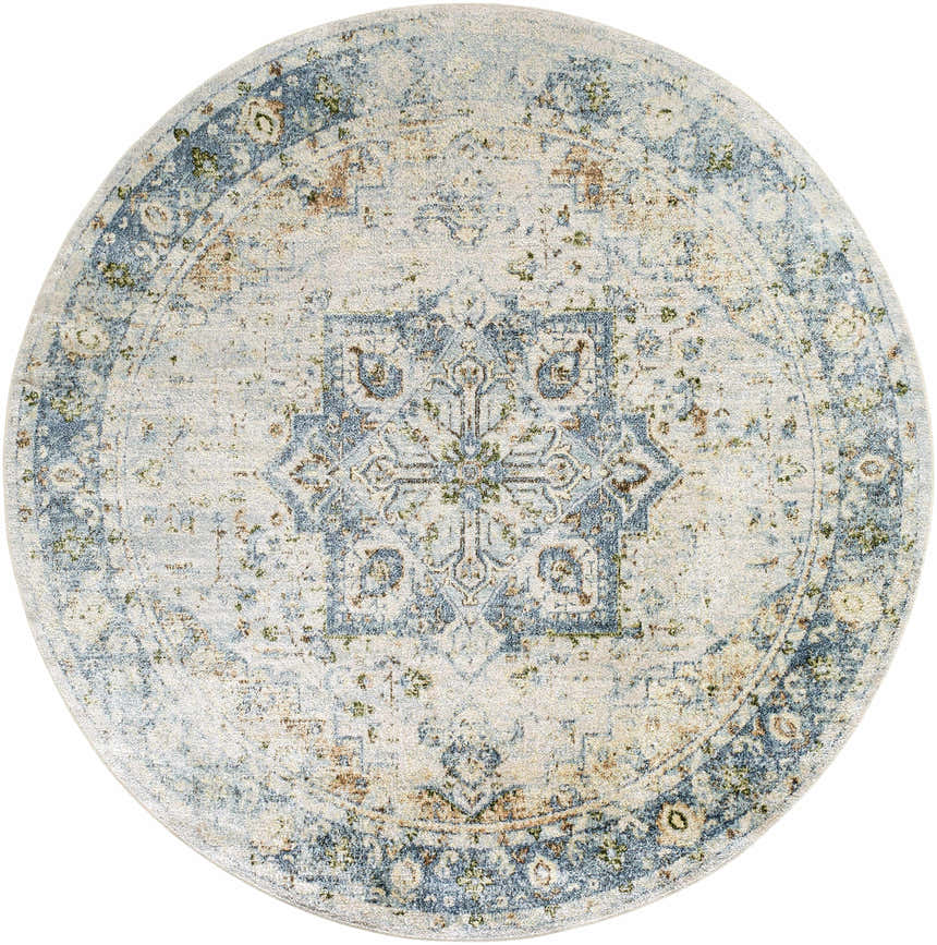 Close-up of a round Neta Orange & Light Blue Washable Area Rug. Beige, orange, and blue traditional design. Design-Round-67