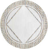 Close-up of Remy Washable Area Rug, round shape, bone color with geometric border in driftwood, gray, and nutmeg tones. Design-Round-67