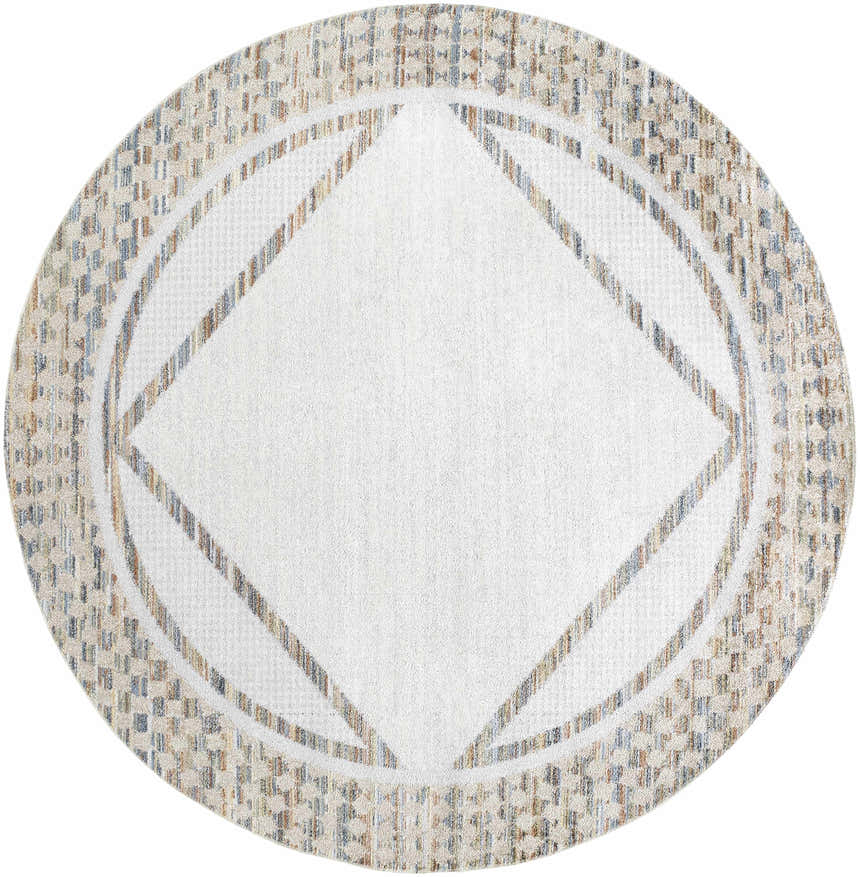 Close-up of Remy Washable Area Rug, round shape, bone color with geometric border in driftwood, gray, and nutmeg tones. Design-Round-67