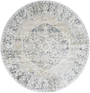 Round Rudo Beige rug with a vintage oriental pattern in lambswool, nutmeg, and dark gray. Flat pile, washable. Design-Round-67