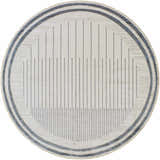 Close-up of a round Thad Medium Gray Washable Area Rug with a geometric stripe pattern in bone, dark gray, and medium gray. Design-Round-67