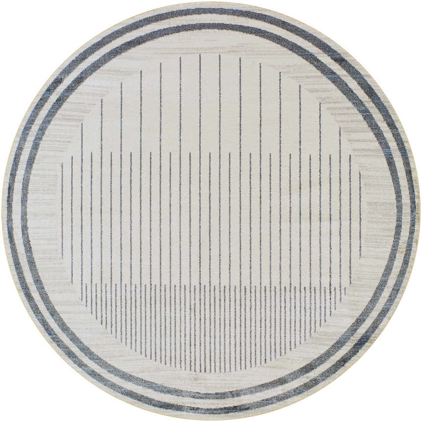 Close-up of a round Thad Medium Gray Washable Area Rug with a geometric stripe pattern in bone, dark gray, and medium gray. Design-Round-67
