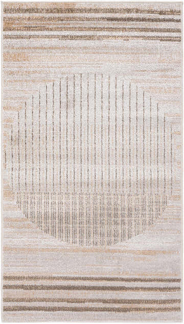 Close-up of the Thad Beige Washable Area Rug featuring a contemporary striped and dotted pattern in beige and brown tones. Design-Rectangle-2339