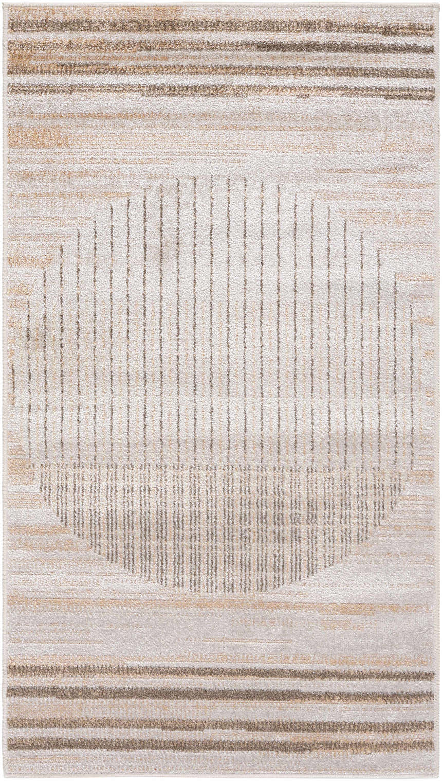 Close-up of the Thad Beige Washable Area Rug featuring a contemporary striped and dotted pattern in beige and brown tones. Design-Rectangle-2339