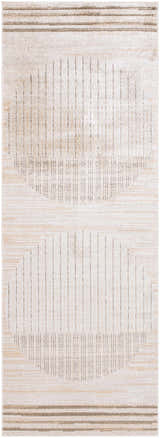 Close-up of the Thad Beige Washable Area Rug featuring a contemporary striped and geometric pattern in neutral beige and brown tones. Design-Runner-2773