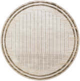 Close-up of a round Thad Beige Washable Area Rug with a contemporary beige and brown striped pattern. Design-Round-67
