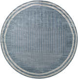 Close-up of round Thad Blue Washable Area Rug. Contemporary design with off-white stripes on a blue background. Design-Round-67