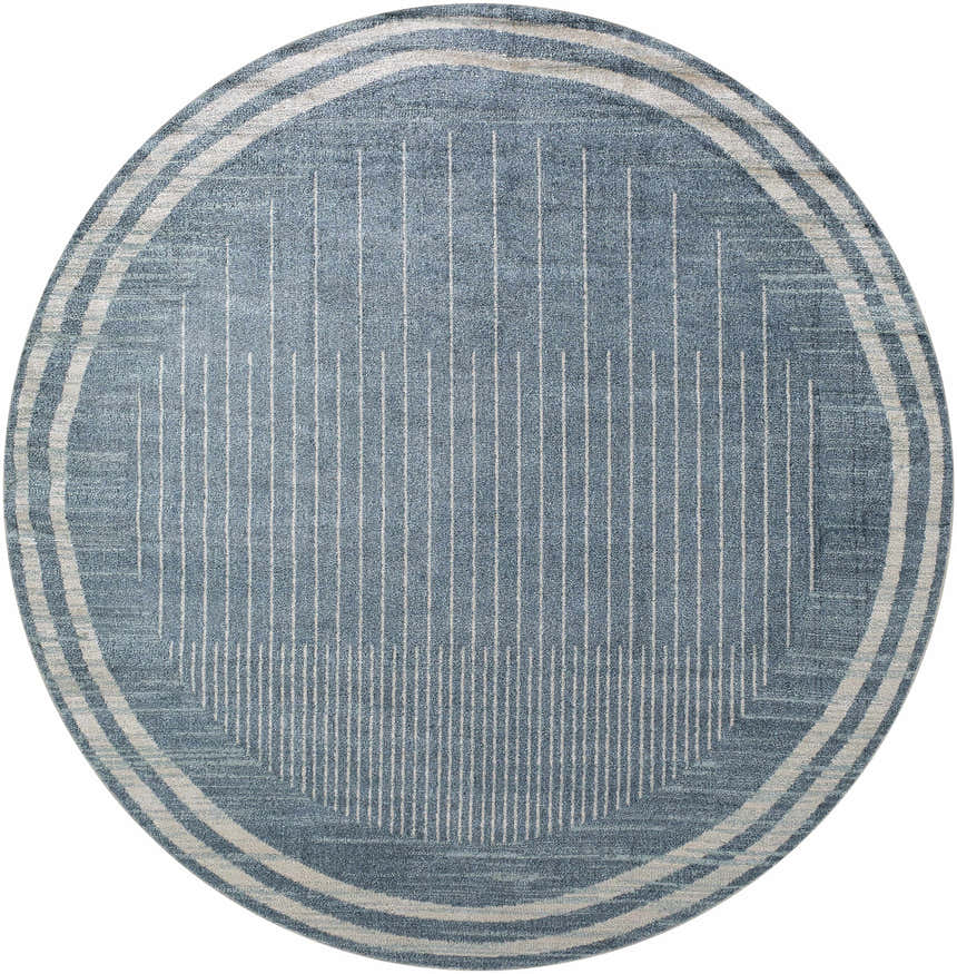 Close-up of round Thad Blue Washable Area Rug. Contemporary design with off-white stripes on a blue background. Design-Round-67