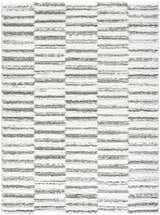 Close-up of the Anevay Gray Area Rug. Cream and light slate horizontal stripes create a modern shag texture. Design-Rectangle-537