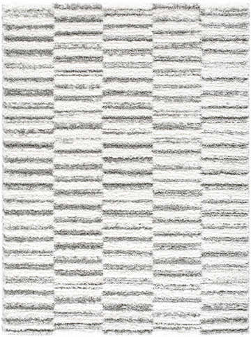 Close-up of the Anevay Gray Area Rug. Cream and light slate horizontal stripes create a modern shag texture. Design-Rectangle-537