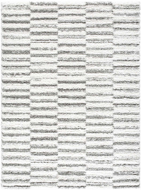 Close-up of the Anevay Gray Area Rug. Cream and light slate horizontal stripes create a modern shag texture. Design-Rectangle-537