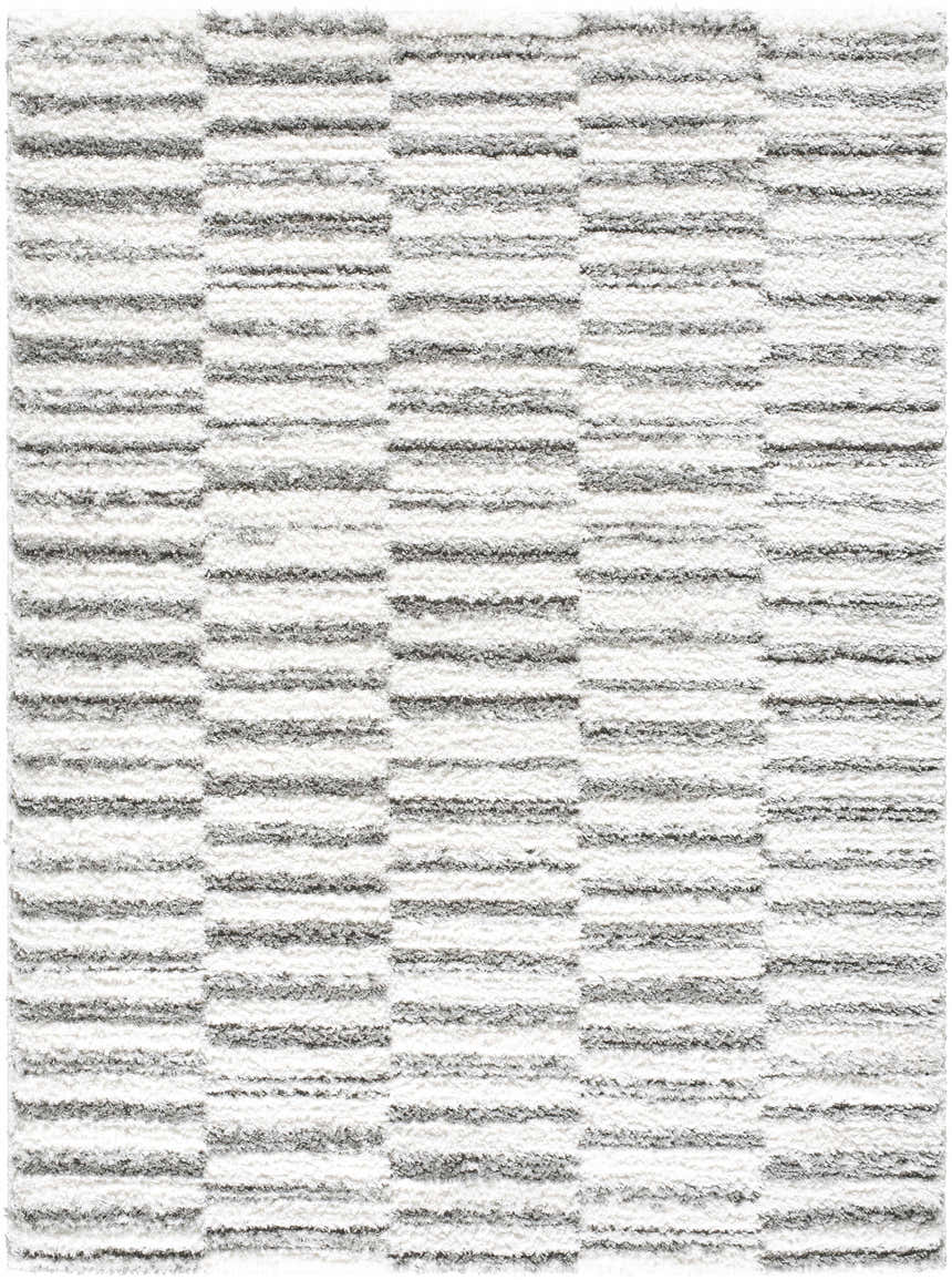 Close-up of the Anevay Gray Area Rug. Cream and light slate horizontal stripes create a modern shag texture. Design-Rectangle-537