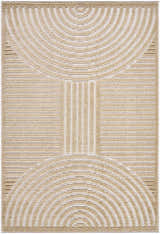 Close-up of the Deron Beige Washable Area Rug featuring a contemporary beige and light brown arched and linear design. Design-Rectangle-57