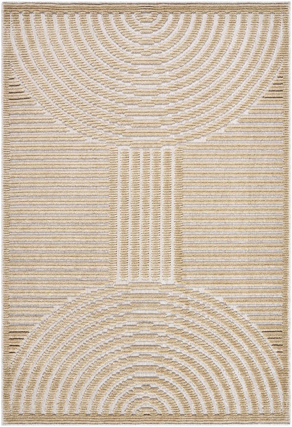 Close-up of the Deron Beige Washable Area Rug featuring a contemporary beige and light brown arched and linear design. Design-Rectangle-57