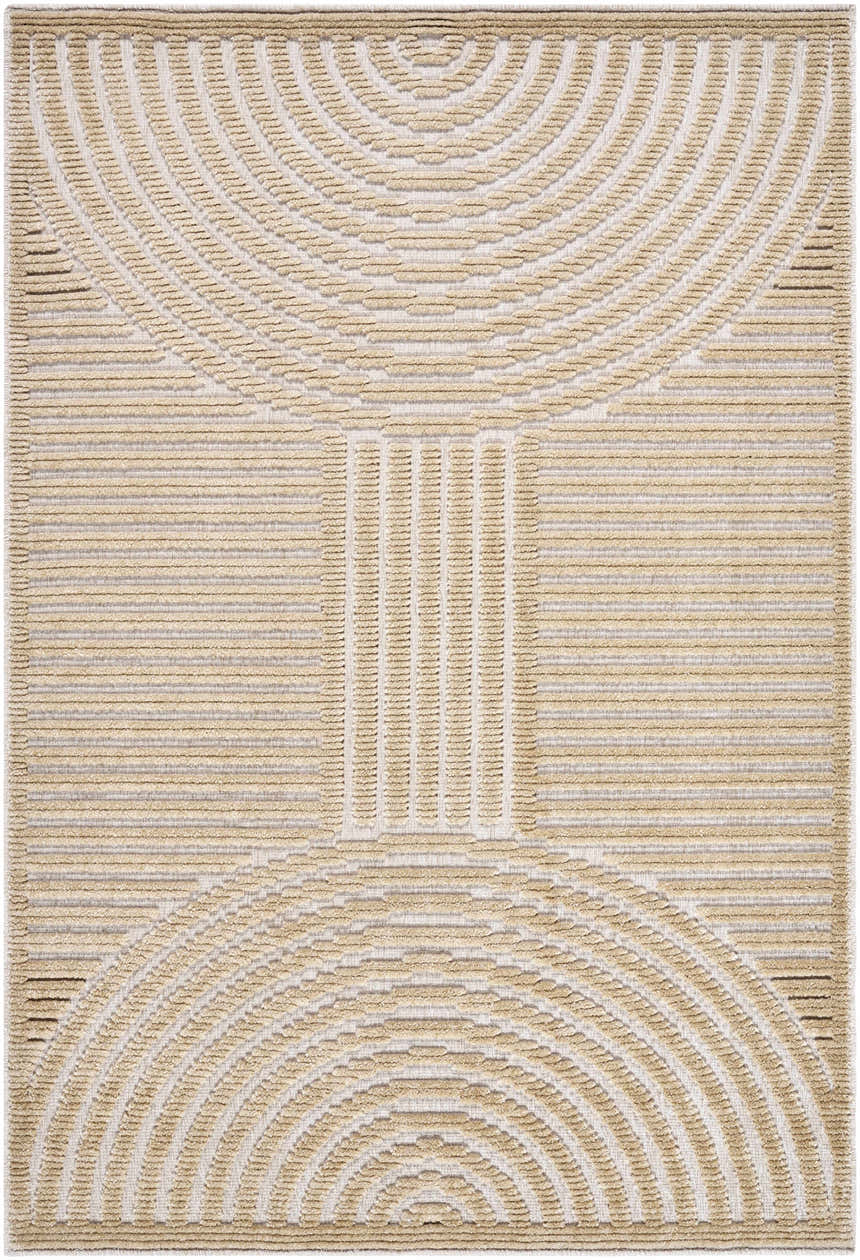 Close-up of the Deron Beige Washable Area Rug featuring a contemporary beige and light brown arched and linear design. Design-Rectangle-57