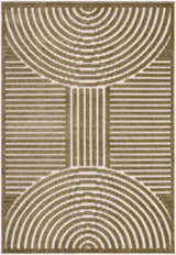 Close-up of the Deron Khaki Washable Area Rug featuring a contemporary olive and white geometric pattern. Design-Rectangle-57