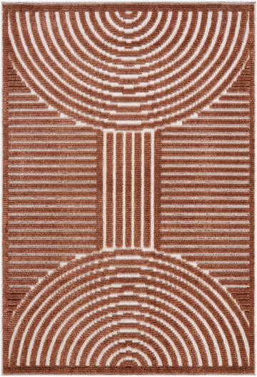 Close-up of Deron Brown Washable Area Rug. Features a geometric pattern of brown arcs and lines on a white background. Design-Rectangle-57