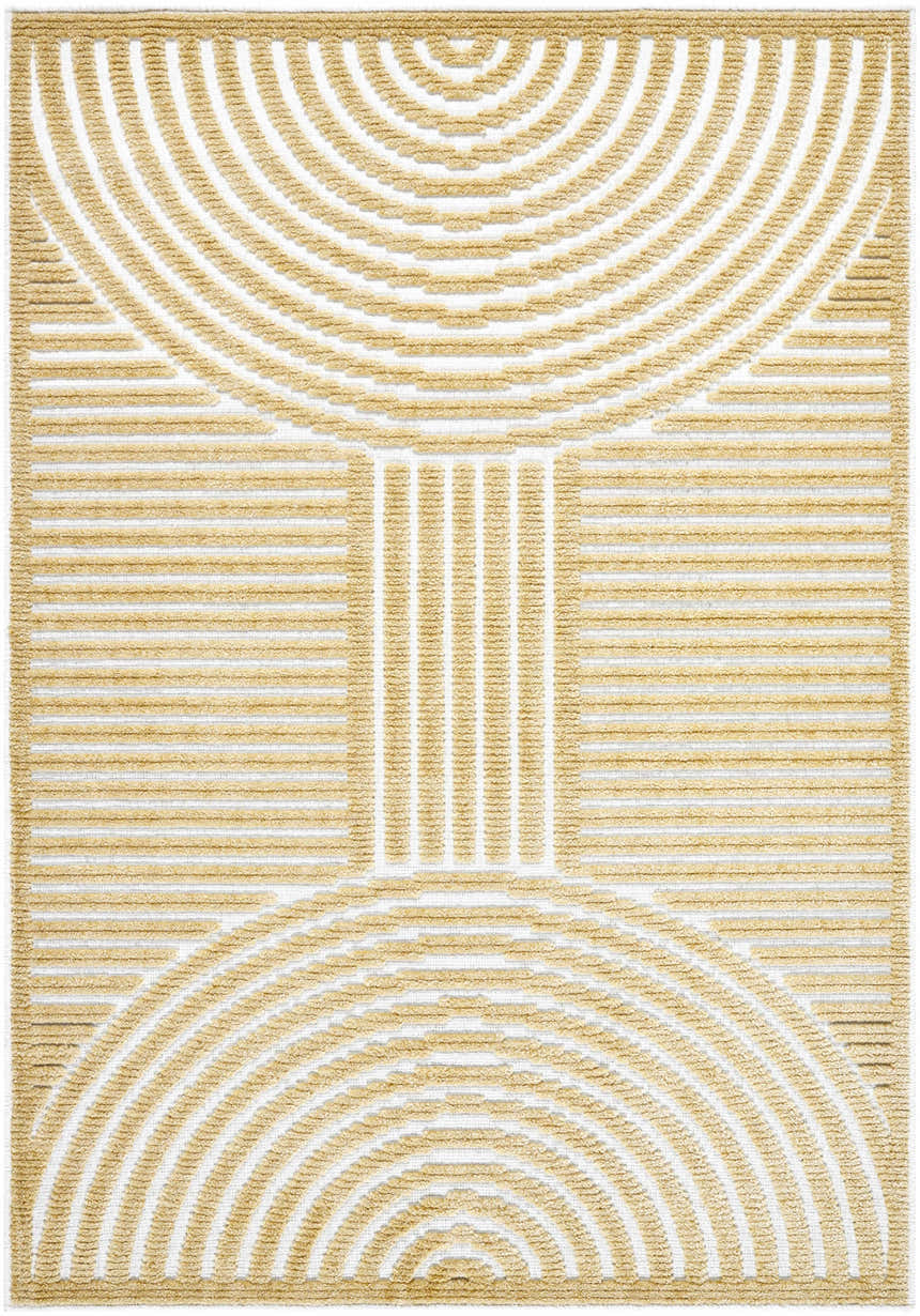 Close-up of Deron Mustard Washable Area Rug with beige geometric pattern on off-white background. Contemporary style. Design-Rectangle-57