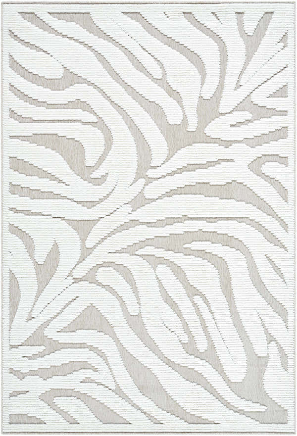 Close-up of the Keto Off-White 3D Washable Area Rug. Features a textured, abstract pattern in light gray and off-white. Design-Rectangle-57