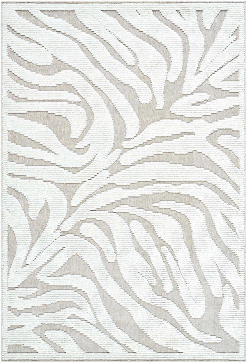 Close-up of the Keto Off-White 3D Washable Area Rug. Features a textured, abstract pattern in light gray and off-white. Design-Rectangle-57