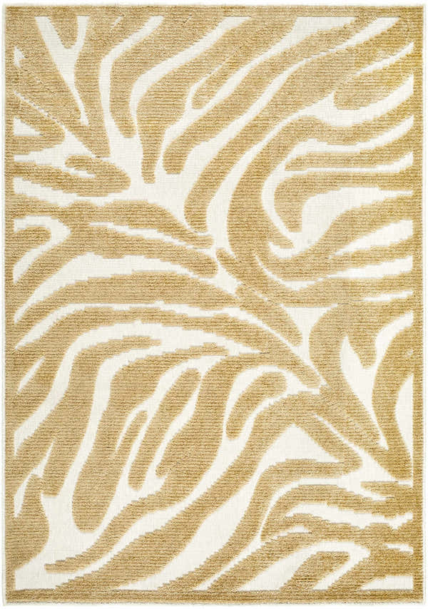Close-up of the Keto White Washable Area Rug. Mustard and white abstract pattern. Machine woven texture. Design-Rectangle-576