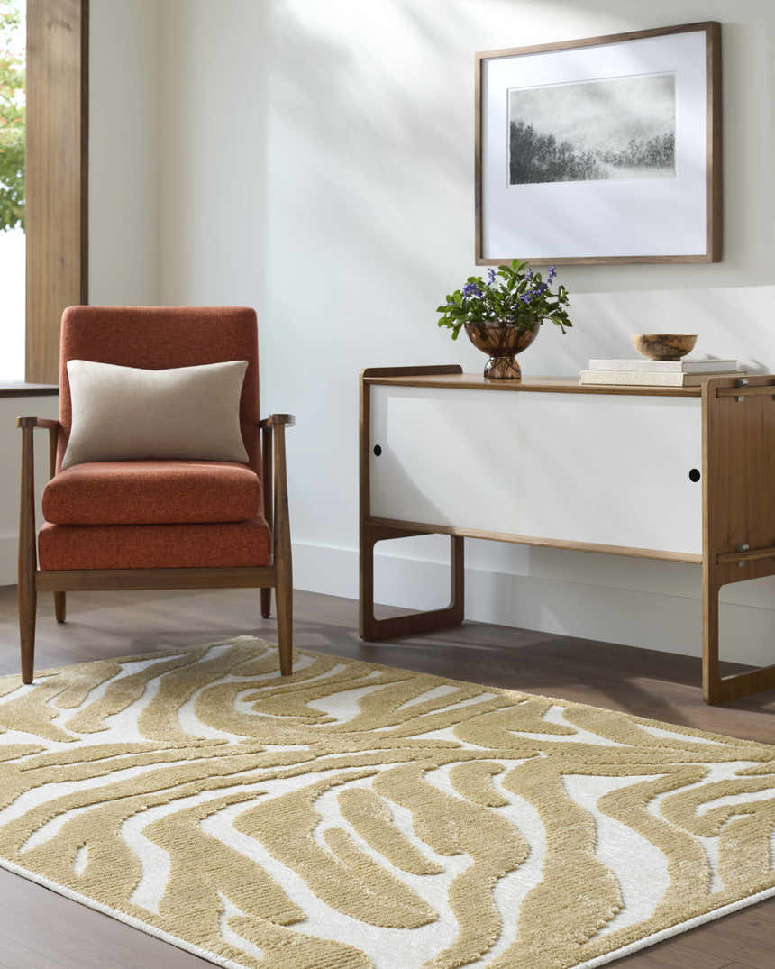 Living room scene with Keto White Washable Area Rug, rust chair, white console table, and wood accents. Contemporary style. Roomscene-Rectangle