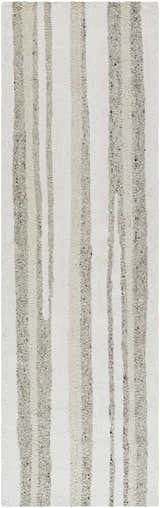 Close-up of the hand-tufted Siaju Taupe Area Rug. Features vertical stripes in shades of taupe and white, made of 100% wool. Design-Runner-310