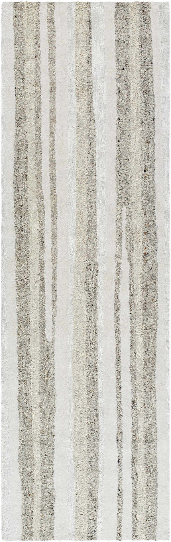 Close-up of the hand-tufted Siaju Taupe Area Rug. Features vertical stripes in shades of taupe and white, made of 100% wool. Design-Runner-310