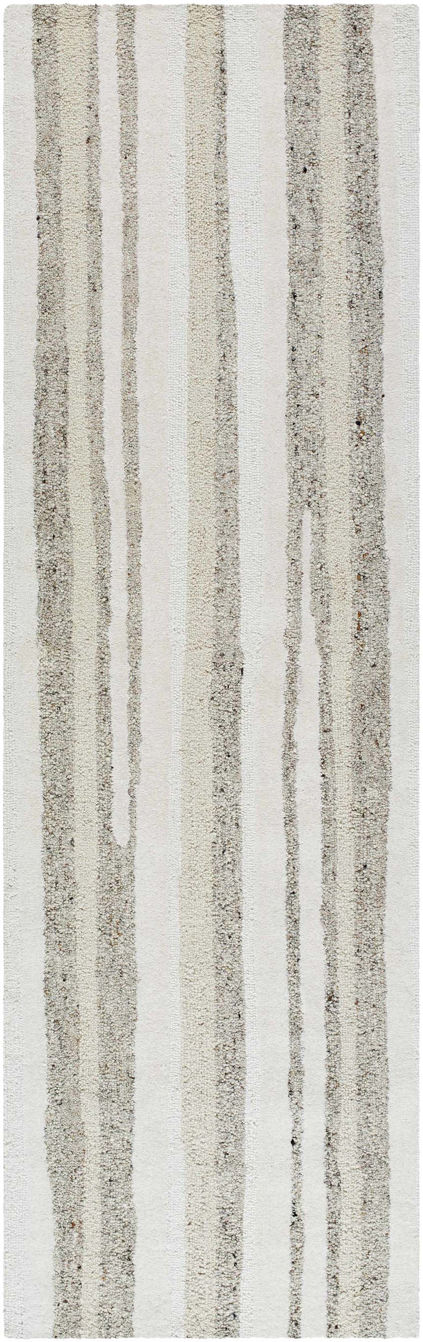 Close-up of the hand-tufted Siaju Taupe Area Rug. Features vertical stripes in shades of taupe and white, made of 100% wool. Design-Runner-310