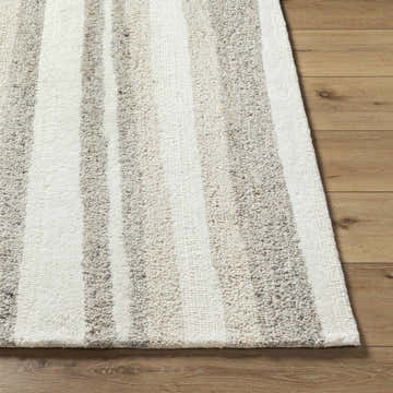 Close-up of the hand-tufted Siaju Taupe Area Rug. Features a striped pattern in taupe and white, with a textured wool pile. Front