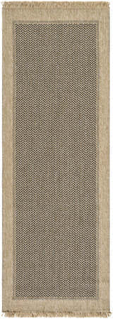 Close-up of the Endre Tan Indoor Outdoor Area Rug. Rectangle rug with tan border and herringbone pattern. Design-Runner-268