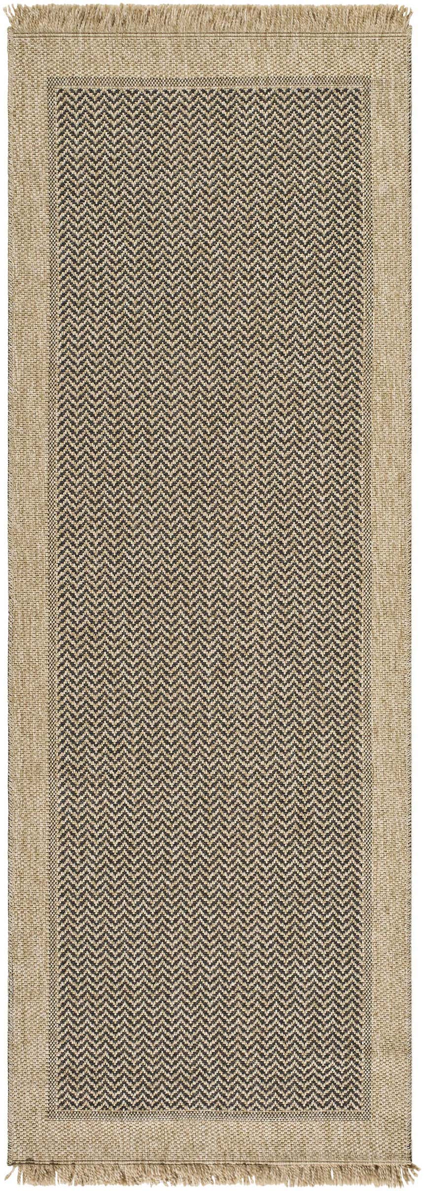 Close-up of the Endre Tan Indoor Outdoor Area Rug. Rectangle rug with tan border and herringbone pattern. Design-Runner-268