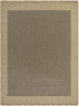 Close-up of the Endre Tan Indoor Outdoor Area Rug. Features a brown herringbone pattern with a tan border and fringe. Design-Rectangle-71010