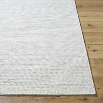 Close-up of the hand woven Alyra Silver Slate Wool Rug showing its light silver color and textured design. Front