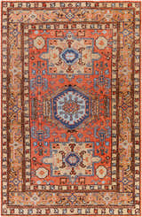 Hand-knotted Sandymount Area Rug featuring a traditional Southwestern design in blue, burgundy, coral, beige, and tan. Design-Rectangle-69