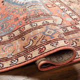 Close-up of the hand-knotted Sandymount Area Rug, showing its coral, blue, and beige Oriental-inspired pattern and wool texture. Fold