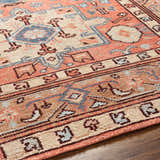Close-up of the hand-knotted Sandymount Area Rug. Features blue, burgundy, coral, and beige oriental rug patterns. Texture