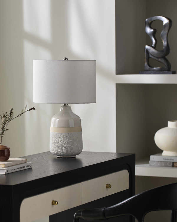 Dark Gray Rustic Table Lamp with global details for bedside or console tables